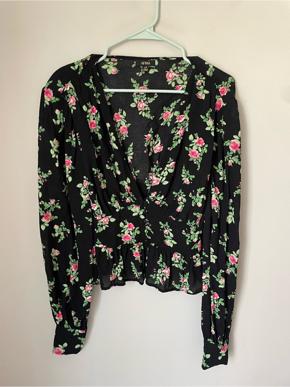 AFRM Black Floral Button Up Blouse with Pink Roses Size Large